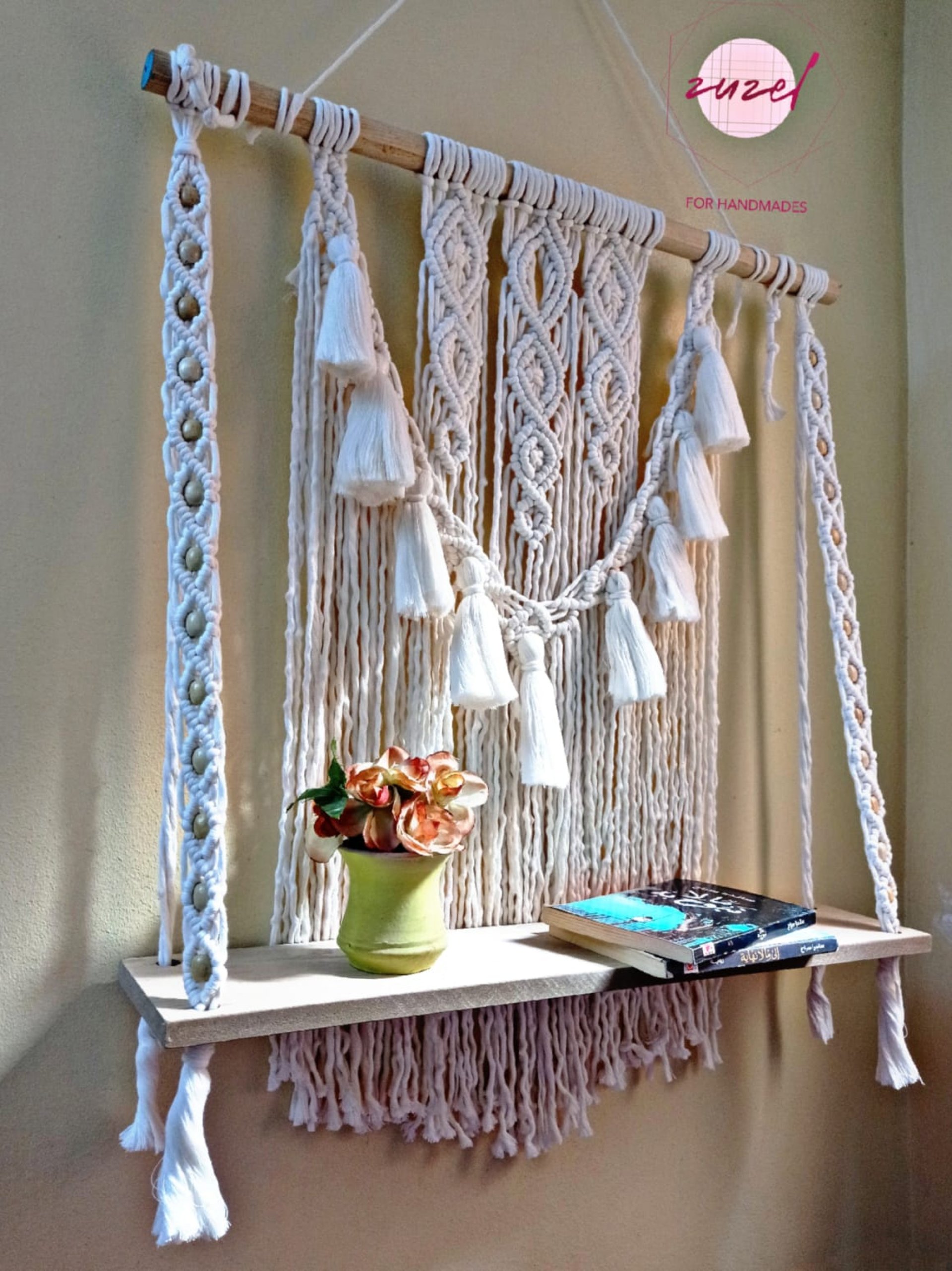 Macrame wall hanging with shelf