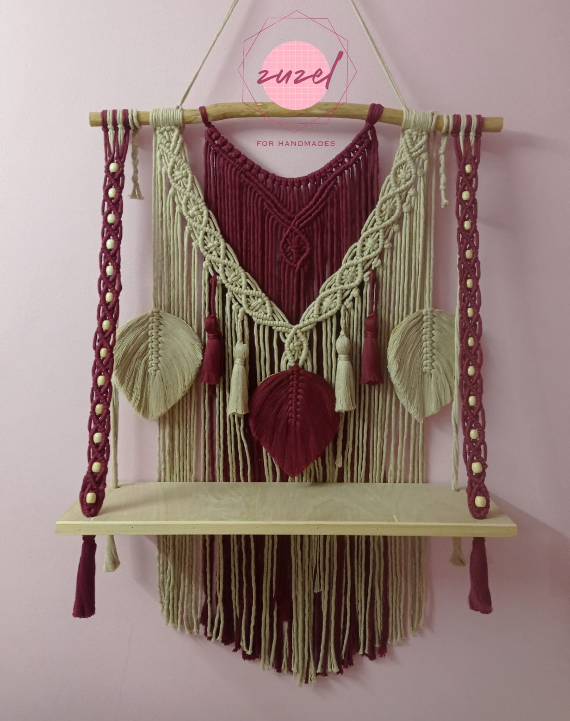 Macrame wall hanging with shelf